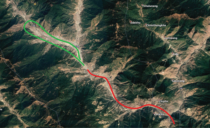 Arrival path for runway 33 and 15 into Paro