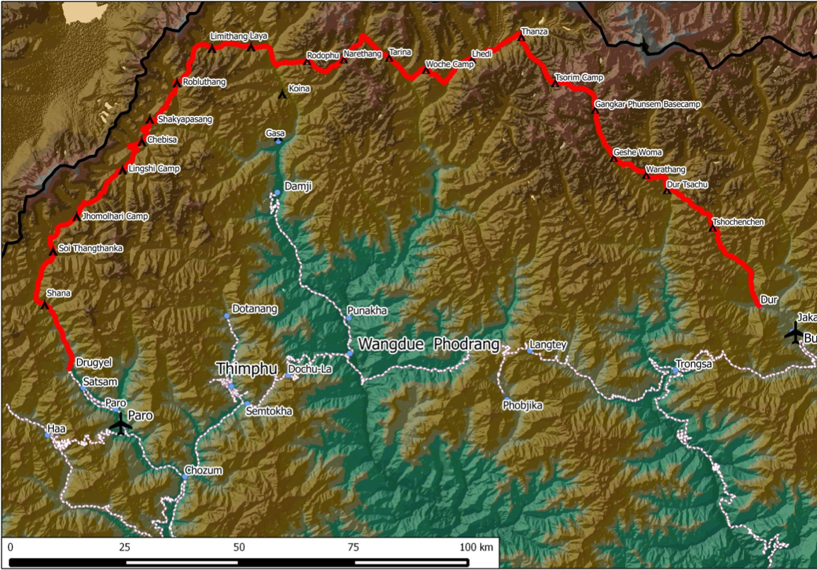 Map showing the trekking route of the snowman trek